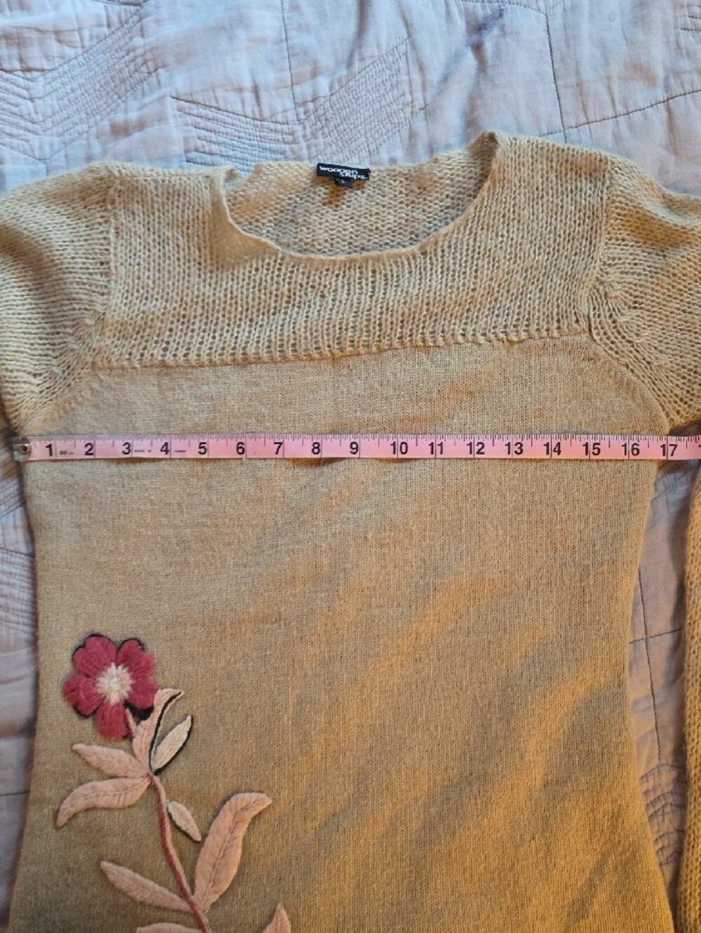 Wooden Ships Beige Crewneck Sweater with Pink Floral Appliqué - Picture 6 of 8
